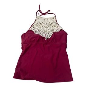 ⭐️ 5/$25 Malibu halter swimsuit top in wine red with lace tankini medium